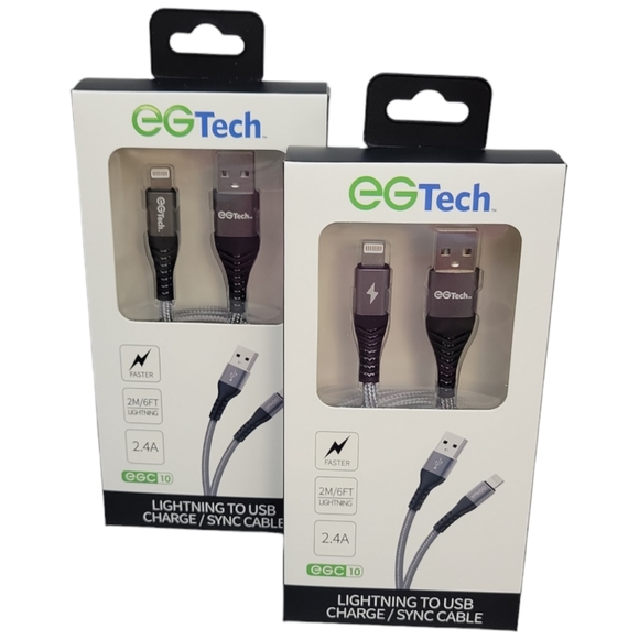 2pk EGTech Fast Charger 6ft Lightning to USB Data Sync Charging Cable, Braided - Picture 1 of 1